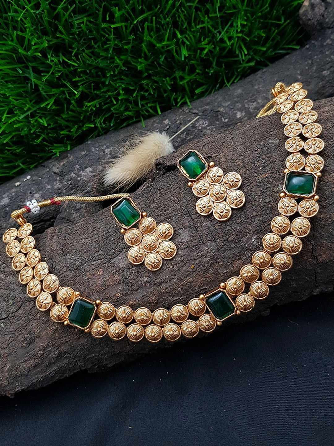 

GRIIHAM Gold-Plated Green AD Stone Studded Jewellery Set