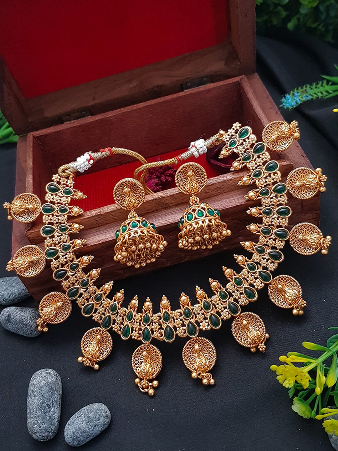 

GRIIHAM Gold-Plated Green AD Studded Short Jewellery Set