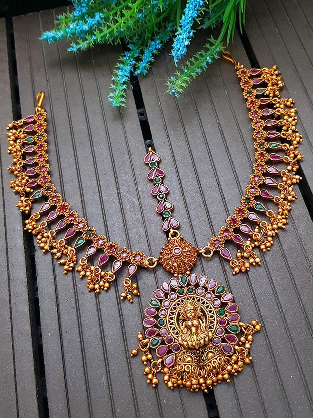 

GRIIHAM Gold-Plated Pink & Green AD Studded Maang Tikka