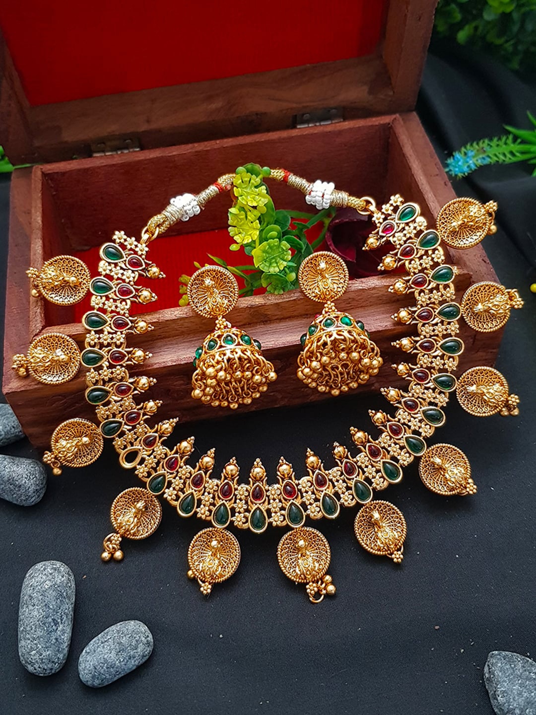

GRIIHAM Gold-Plated Green AD Studded & Beaded Jewellery Set