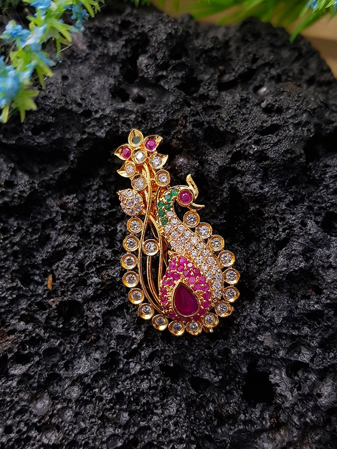 

GRIIHAM Gold-Plated Pink CZ Studded Saree Pin
