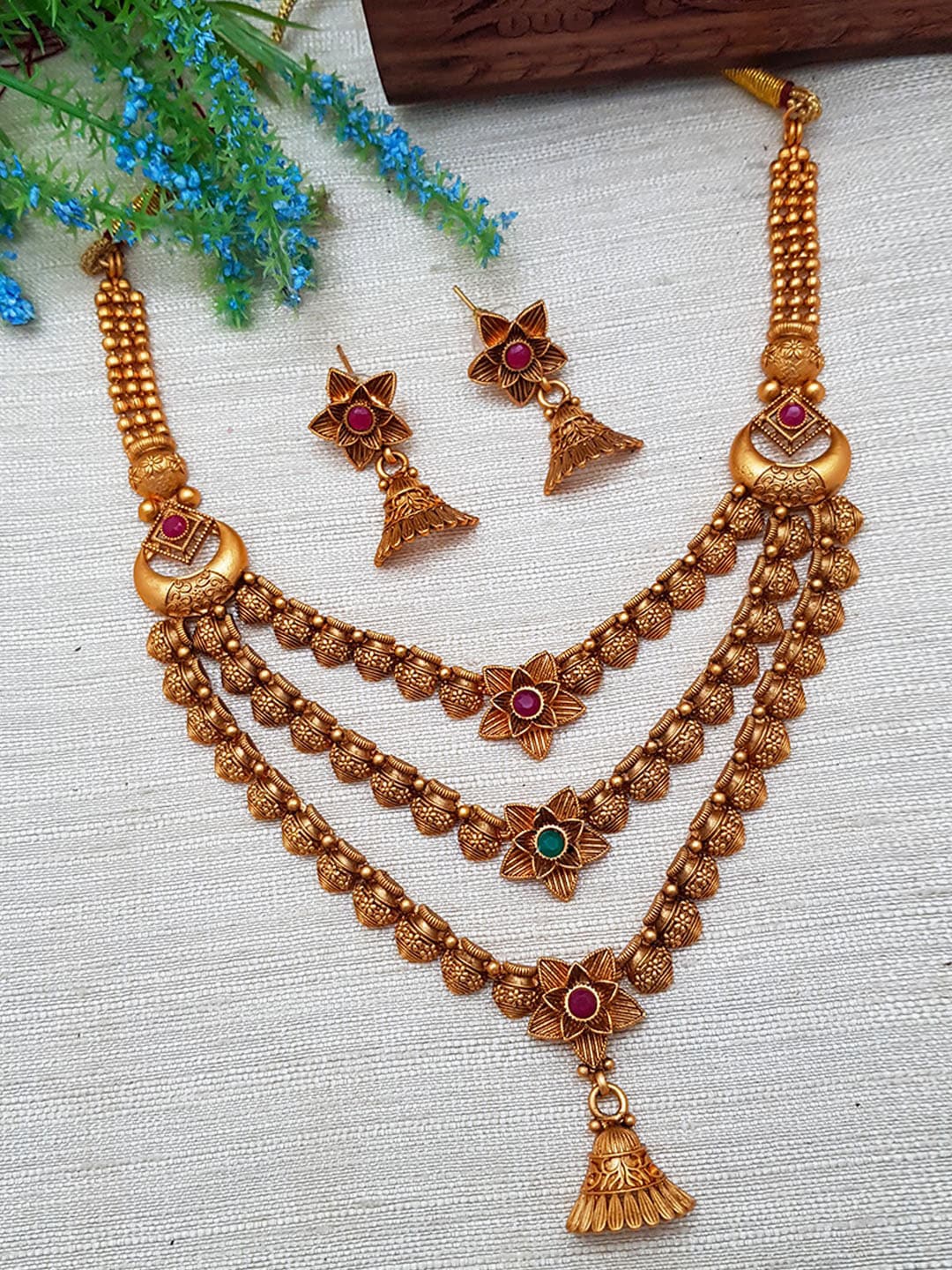 

GRIIHAM Gold-Plated Pink & Green AD Stone-Studded Jewellery Set