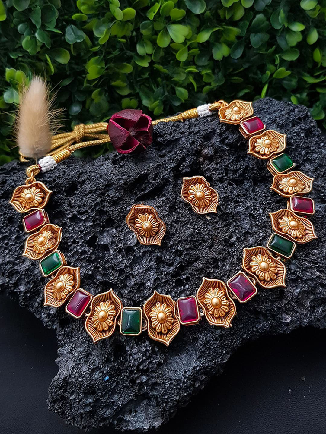 

GRIIHAM Gold Plated Pink & Green AD-Studded Jewellery Set