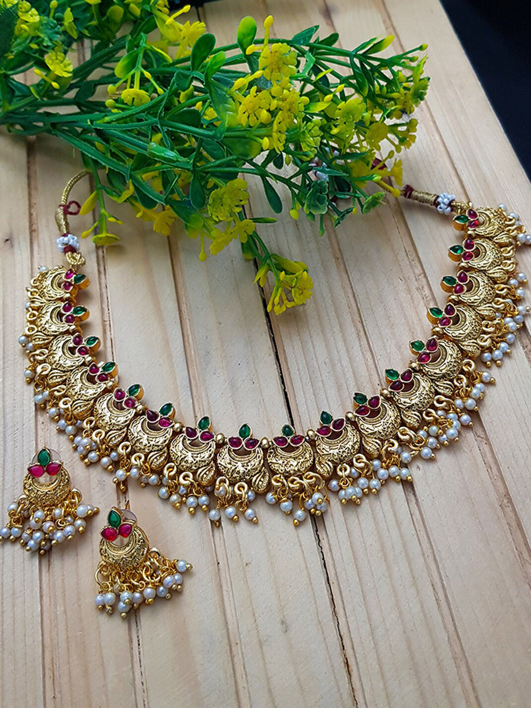 

GRIIHAM Gold-Plated Green & Pink Stone Studded Handcrafted Jewellery Set
