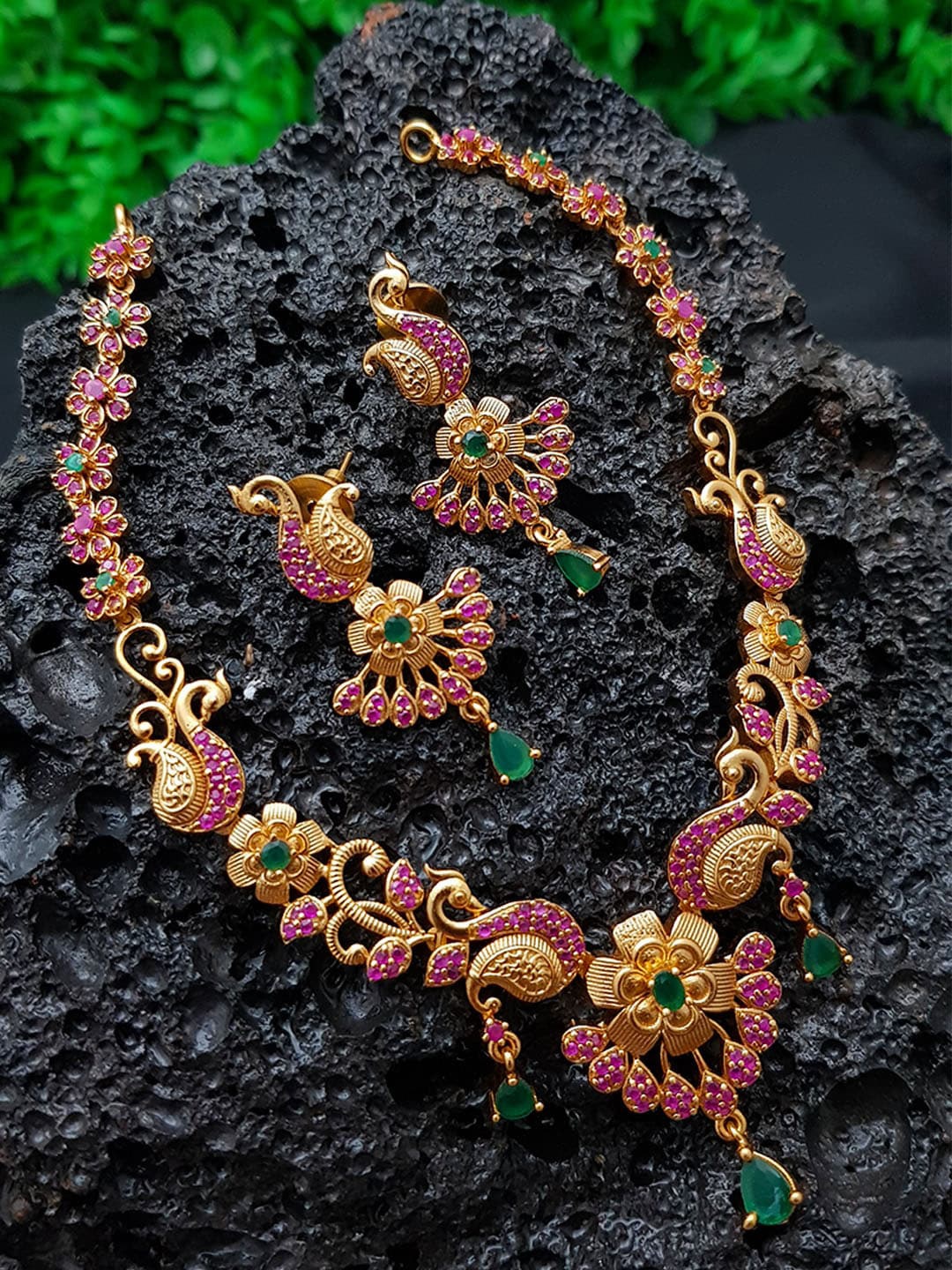 

GRIIHAM Gold-Plated Green & Maroon AD-Studded & Beaded Jewellery Set