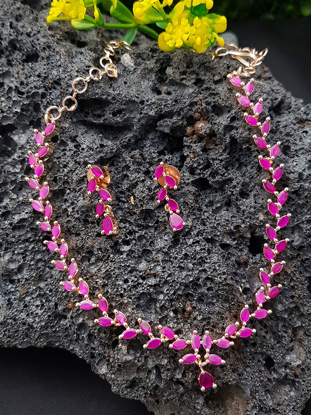 

GRIIHAM Gold-Plated Pink CZ Stone-Studded Jewellery Set