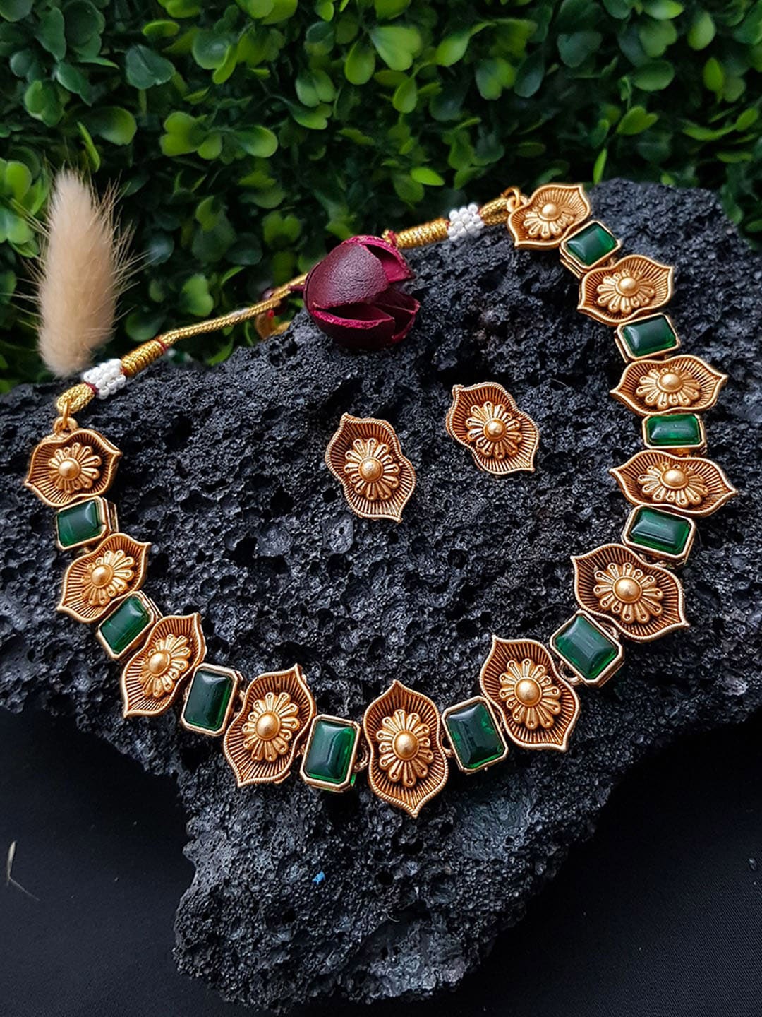 

GRIIHAM Gold-Plated Green AD Studded Jewellery Set