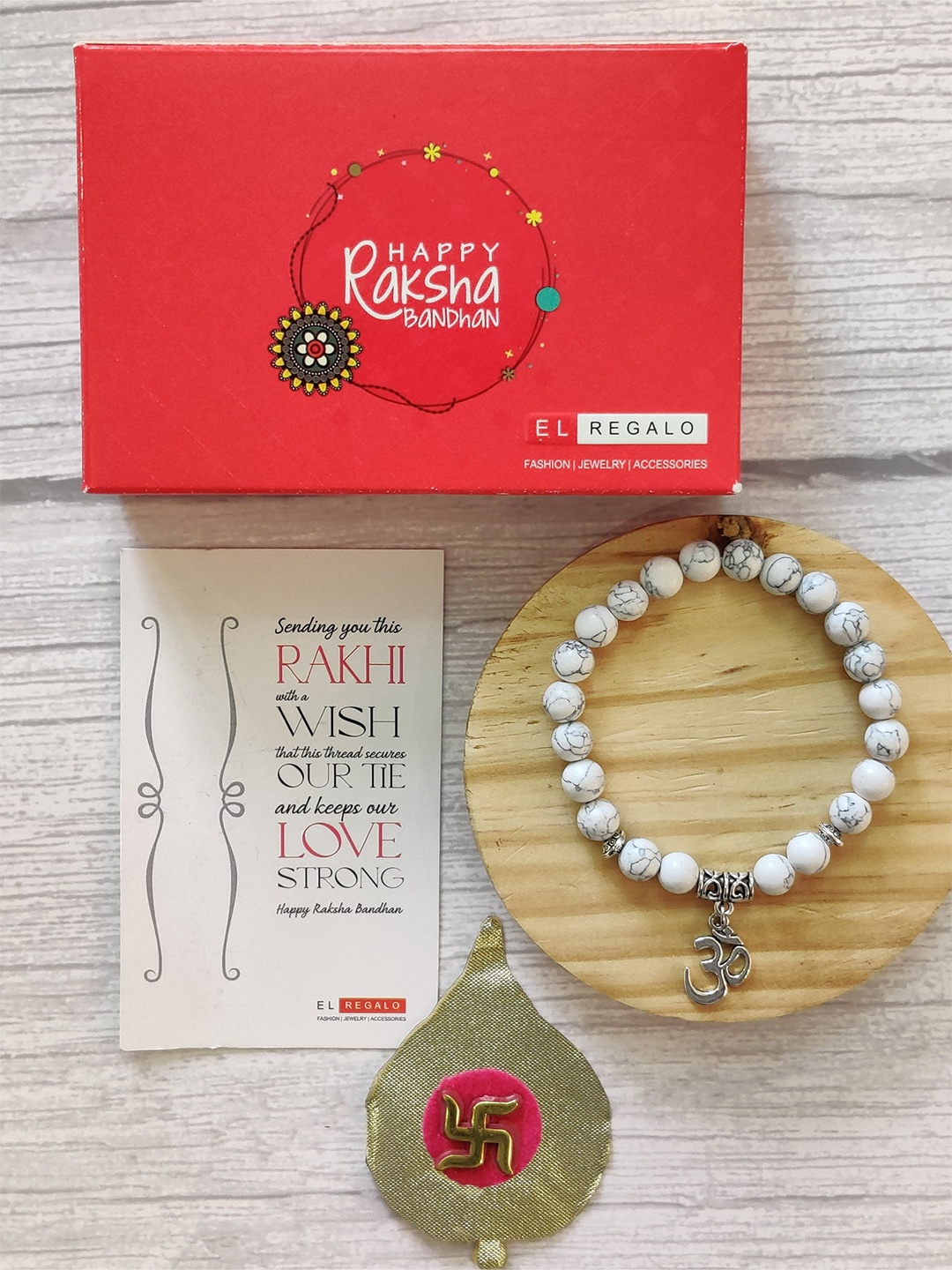 

EL REGALO Men White OM Charm Pearl Beaded Bracelet Rakhi