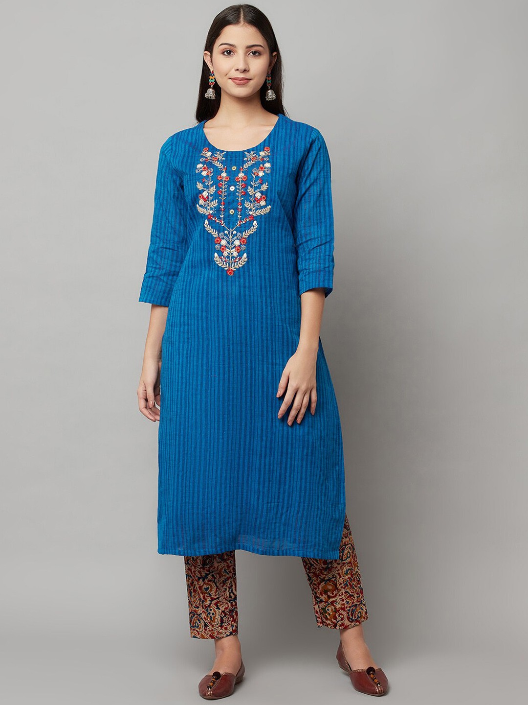 

FLAVIDO Women Blue Ethnic Motifs Printed Layered Pure Cotton Kurta with Churidar & With Dupatta