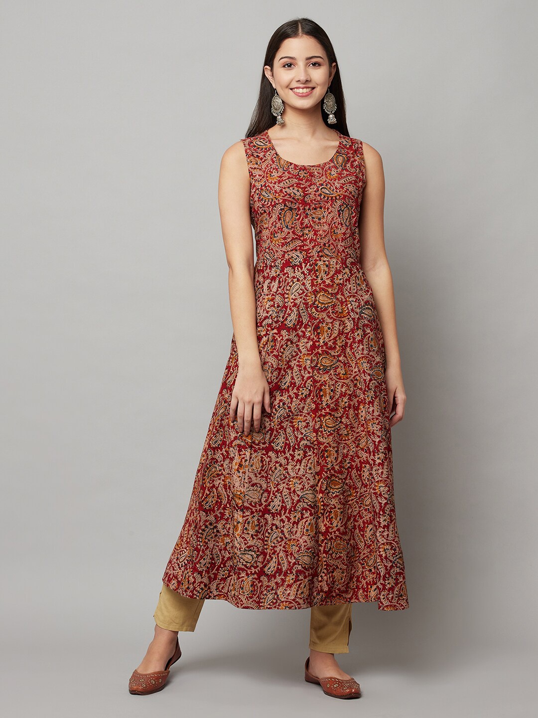 

FLAVIDO Maroon Ethnic Motifs Maxi Dress
