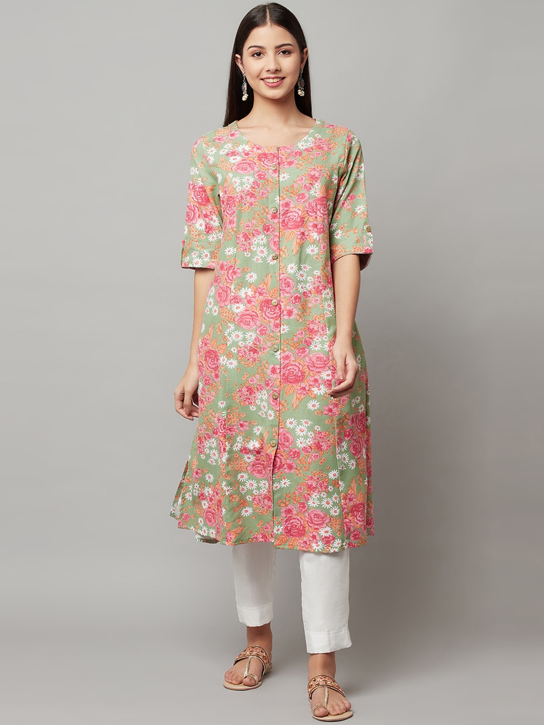 

FLAVIDO Women Green Floral Printed Kurta