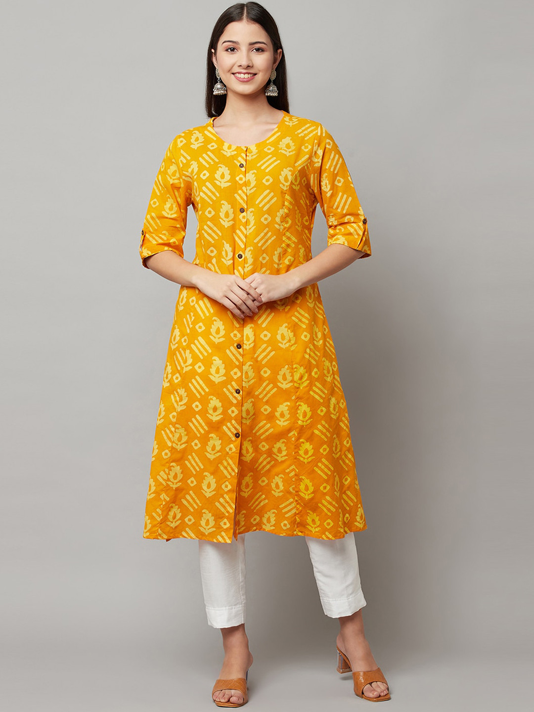 

FLAVIDO Women Yellow Ethnic Motifs Checked Kurta