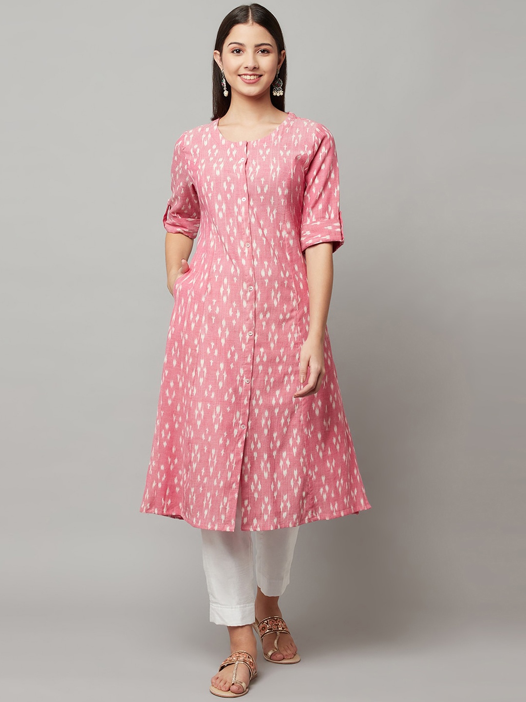 

FLAVIDO Women Pink Geometric Printed Thread Work Handloom Kurta
