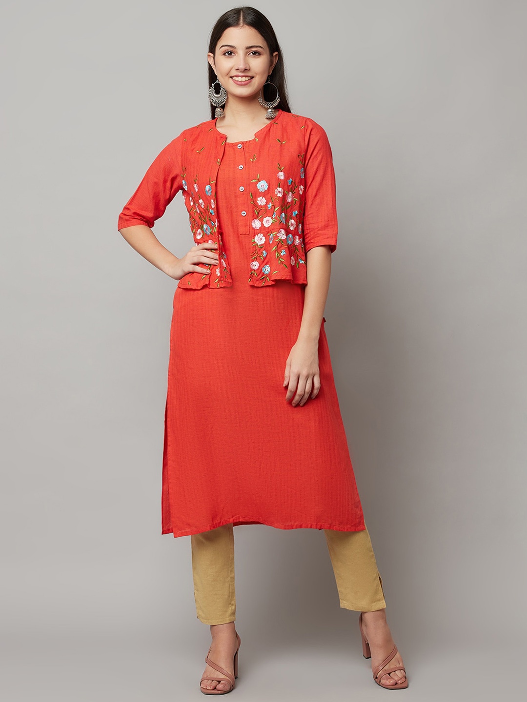 

FLAVIDO Women Red Yoke Design Thread Work Kurta