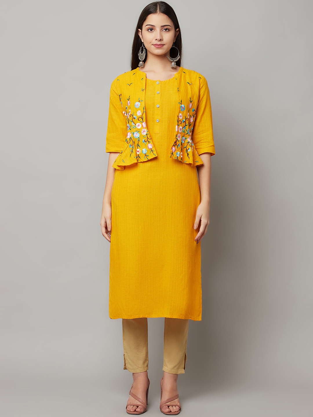 

FLAVIDO Women Yellow Embroidered Thread Work Kurta