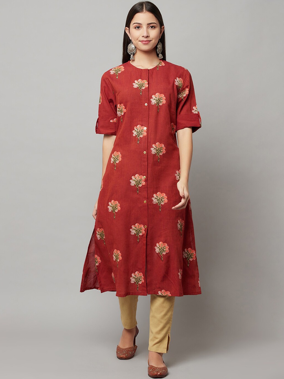 

FLAVIDO Women Maroon Ethnic Motifs Printed Flared Sleeves Gotta Patti Kurta