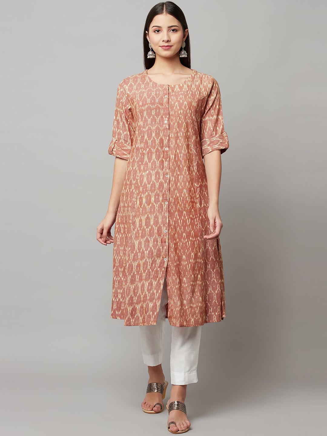 

FLAVIDO Women Brown Checked Handloom Kurta