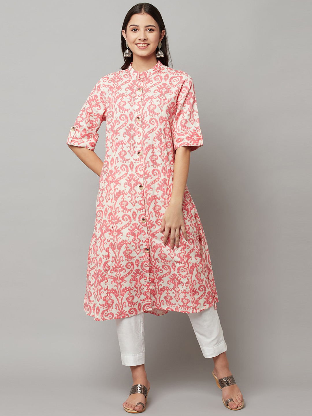 

FLAVIDO Women Off White Ethnic Motifs Printed Thread Work Kurta