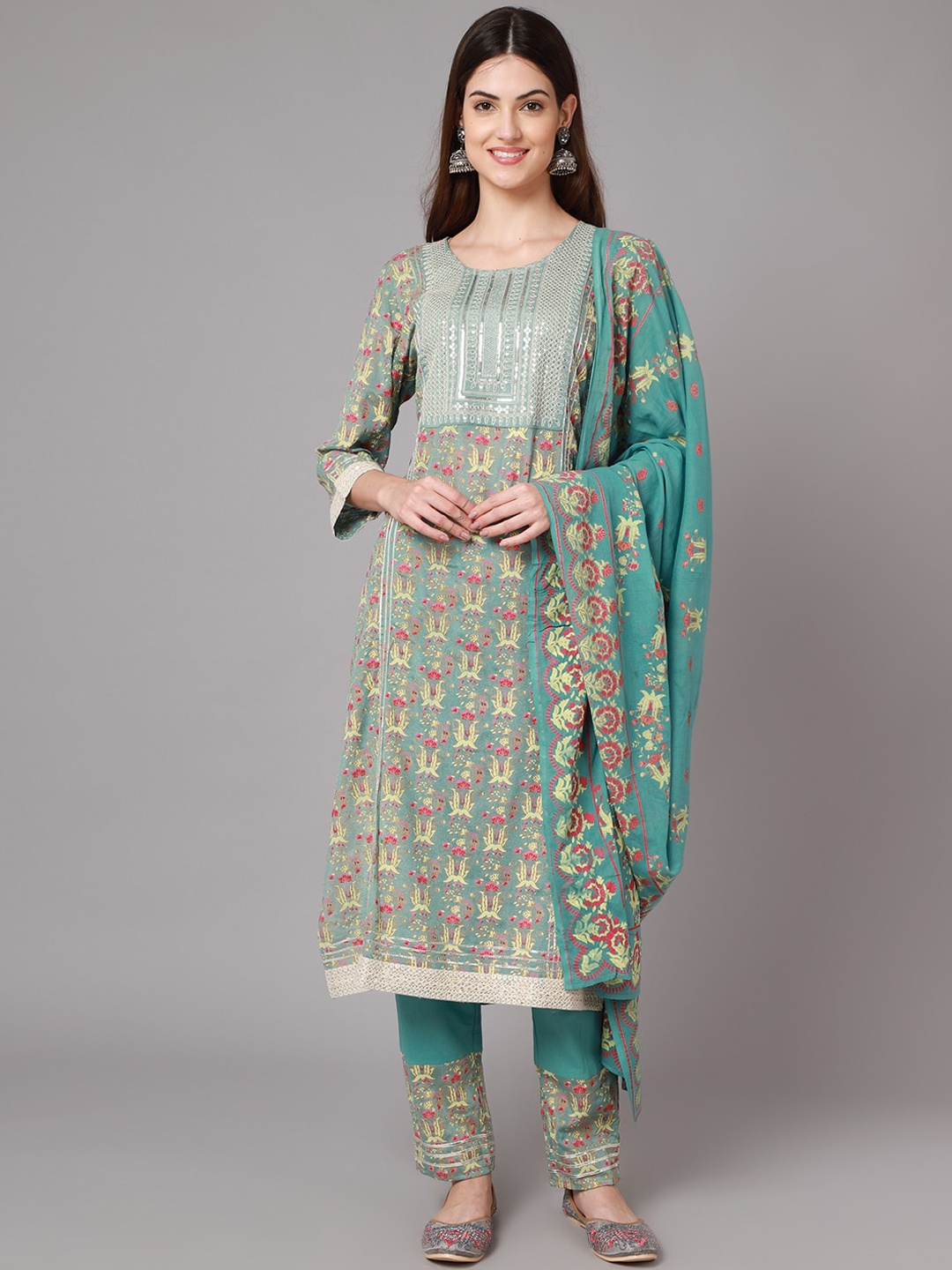 

ANAISA Women Blue Ethnic Motifs Embroidered Layered Sequinned Kurti with Trousers & With Dupatta