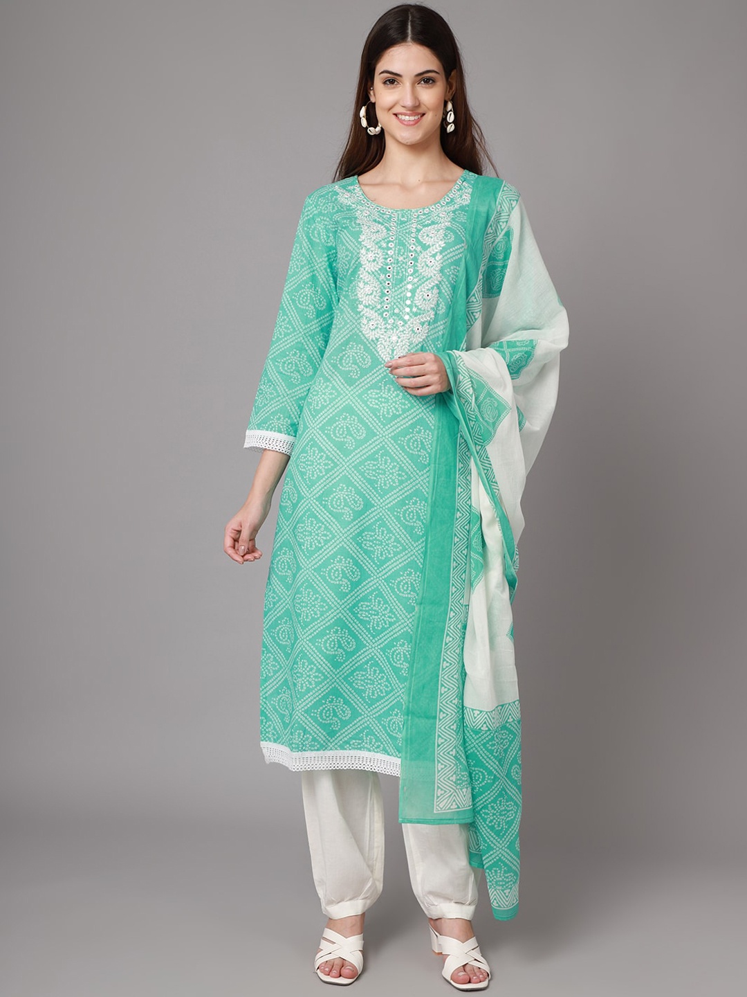 

ANAISA Women Blue Ethnic Motifs Yoke Design Mirror Work Pure Cotton Kurti with Salwar & With Dupatta