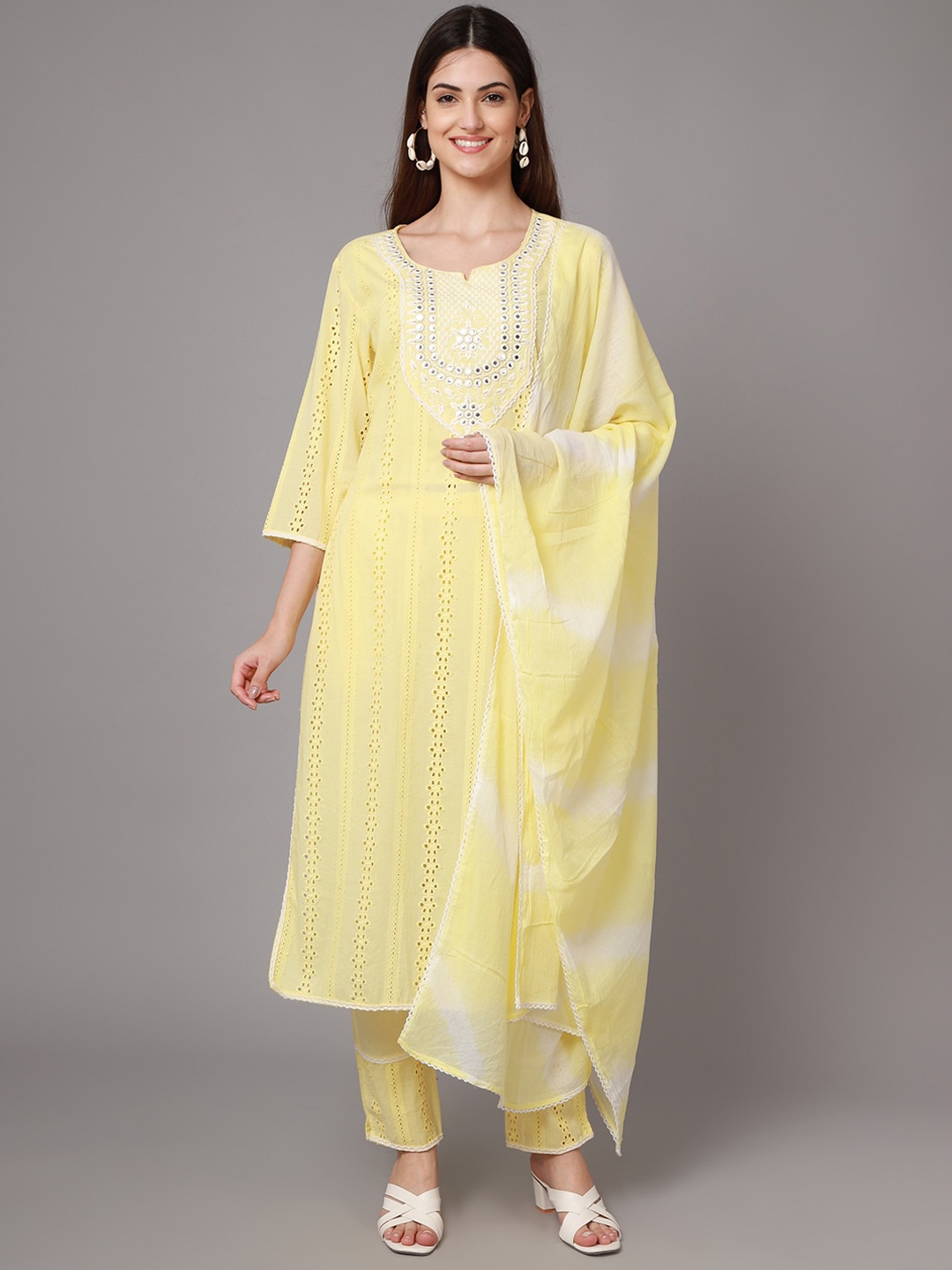 

ANAISA Women Yellow Ethnic Motifs Embroidered Layered Chikankari Pure Cotton Kurti with Trousers & With