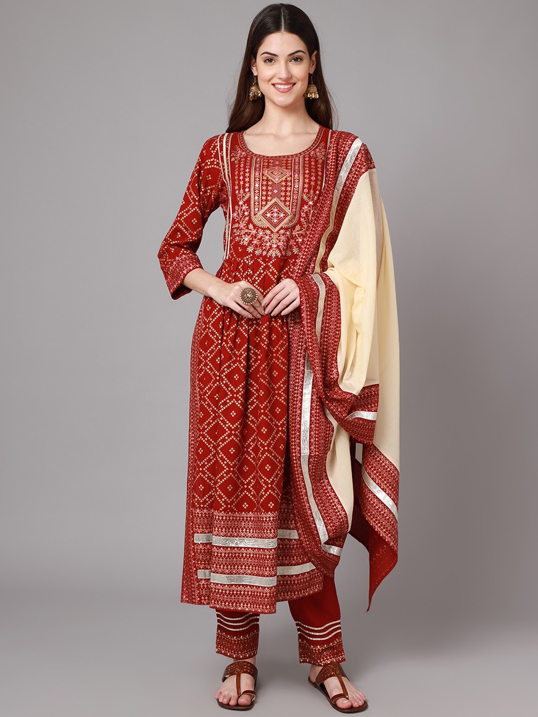 

ANAISA Women Maroon Printed Mirror Work Kurta with Trousers & With Dupatta