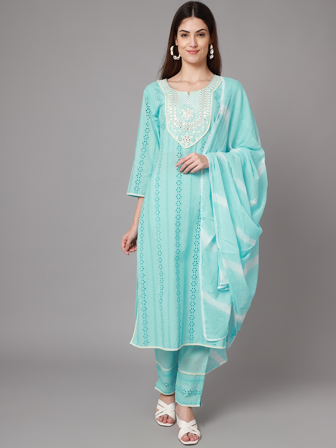 

ANAISA Women Blue Ethnic Motifs Embroidered Regular Chikankari Pure Cotton Kurti with Trousers & With