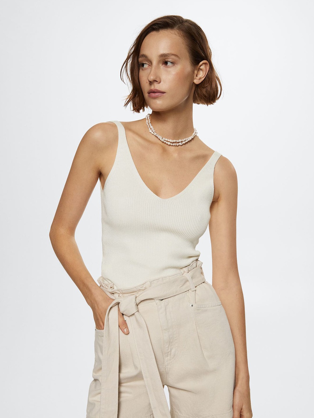 

MANGO Off White Self- Striped Tank Top