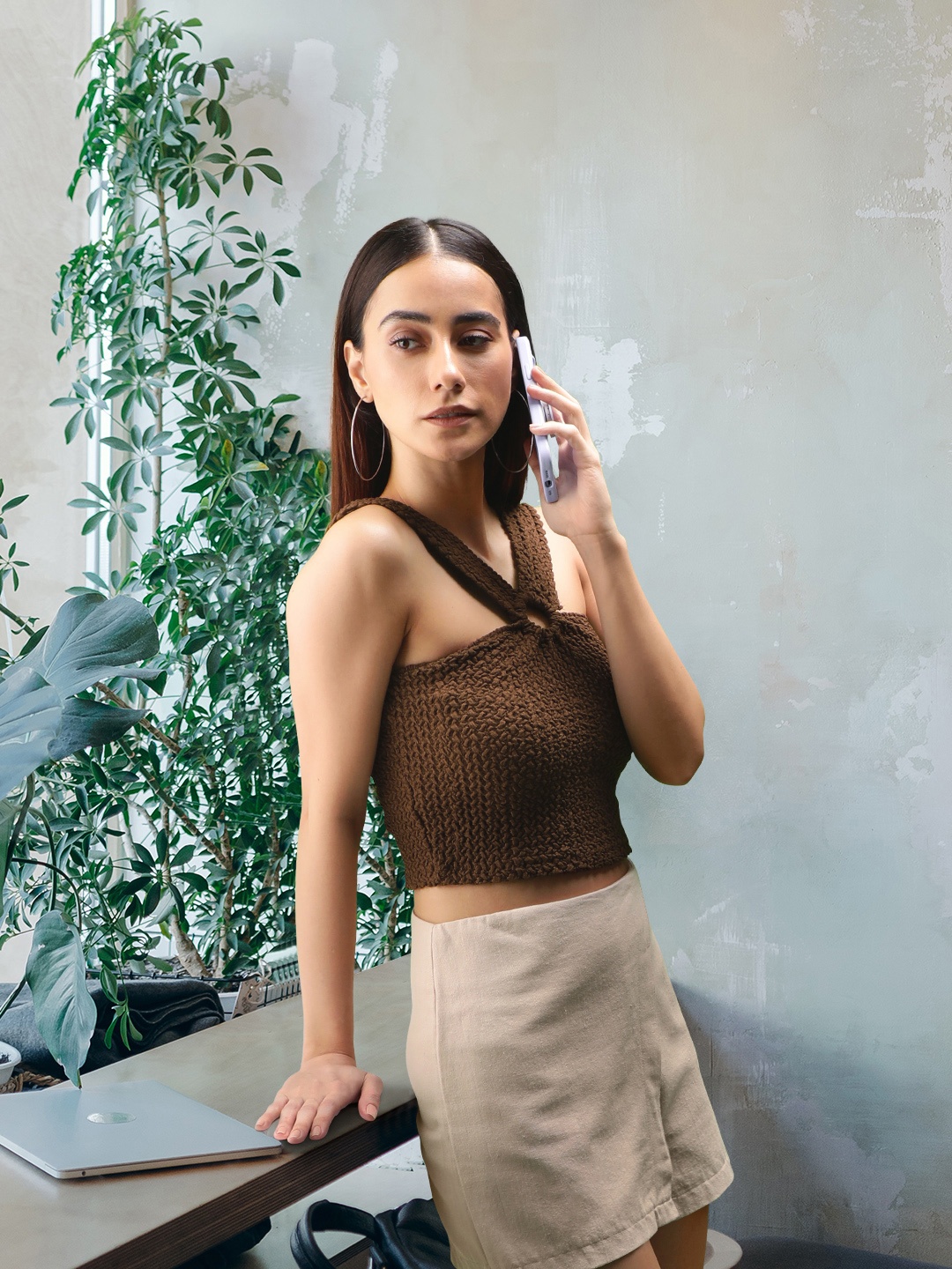 

MANGO Coffee Brown Crinckled Crop Top