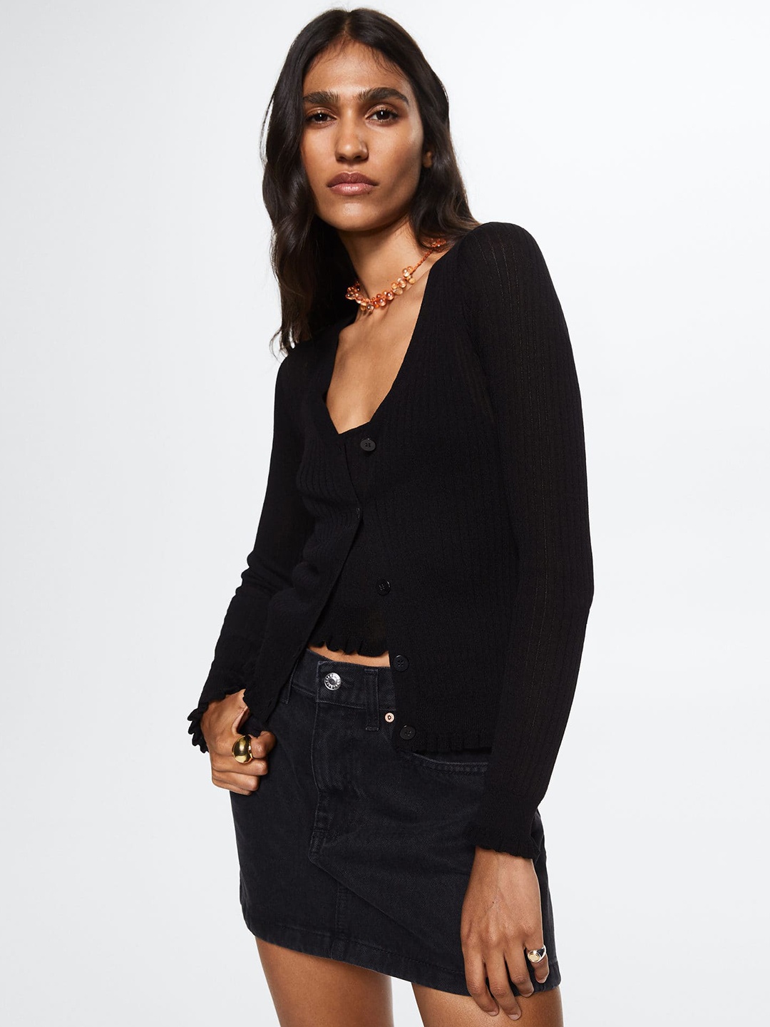 

MANGO Women Black Solid Cardigan