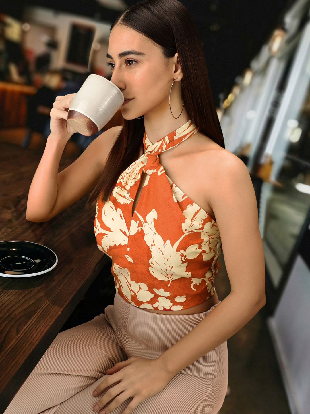 

MANGO Red & Cream-Coloured Print Halter Neck Linen Crop Top