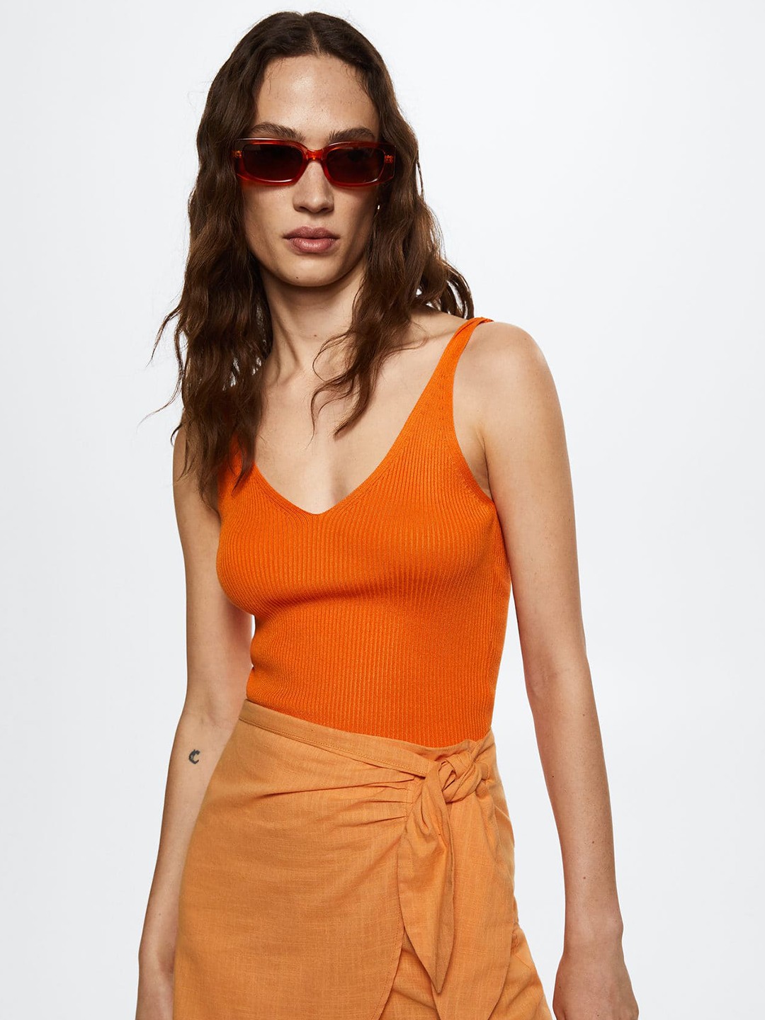 

MANGO Orange Ribbed Top