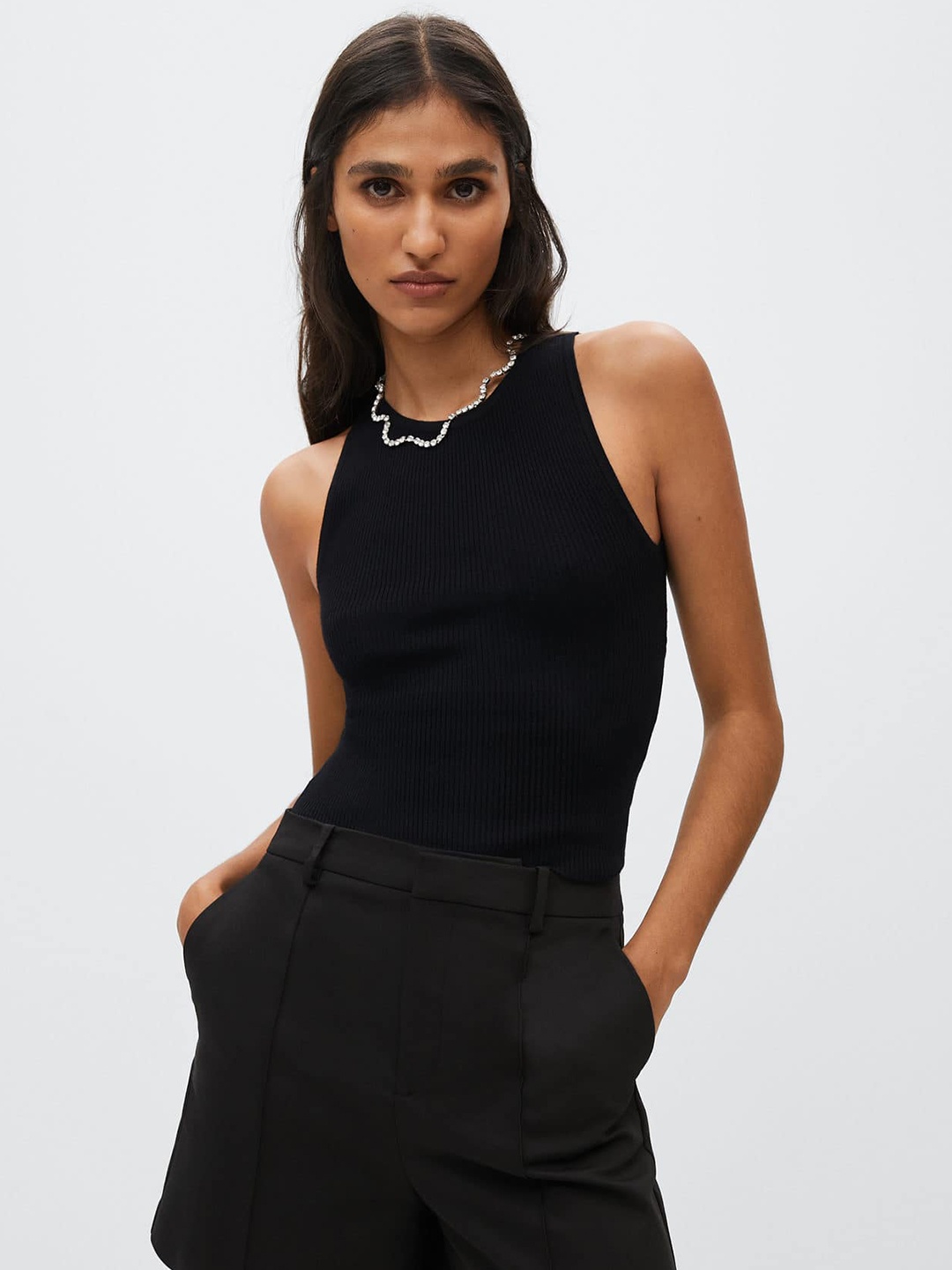 

MANGO Black Ribbed Styled Back Top