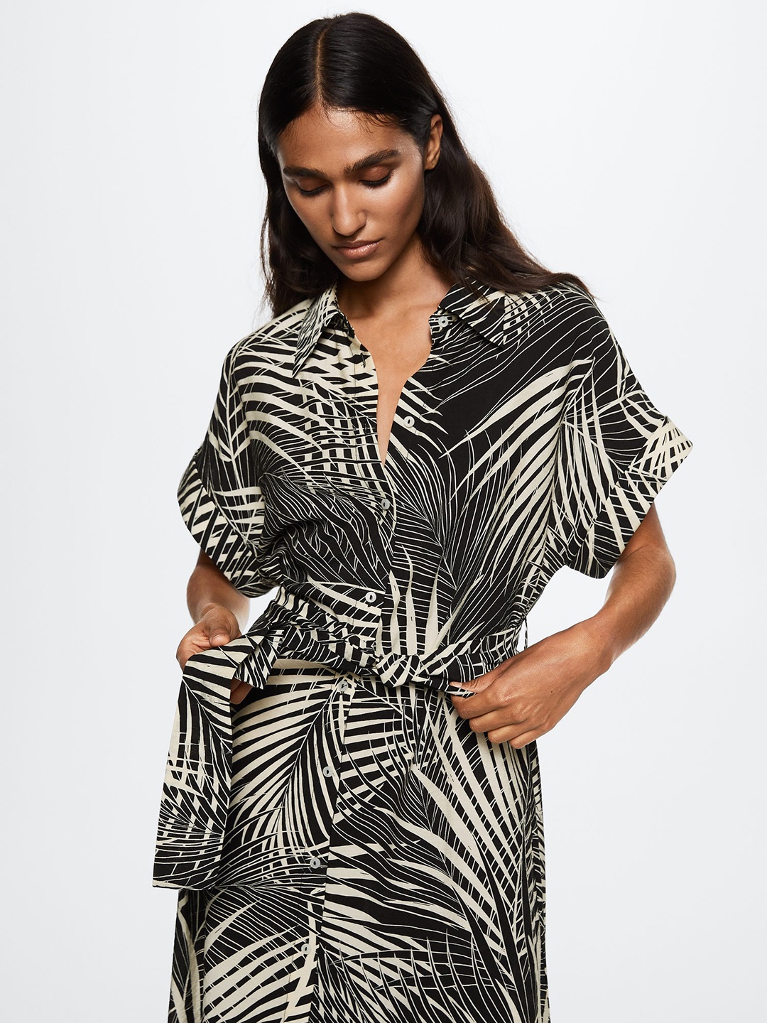 

MANGO Black & Off White Tropical Print Shirt Midi Dress with Belt