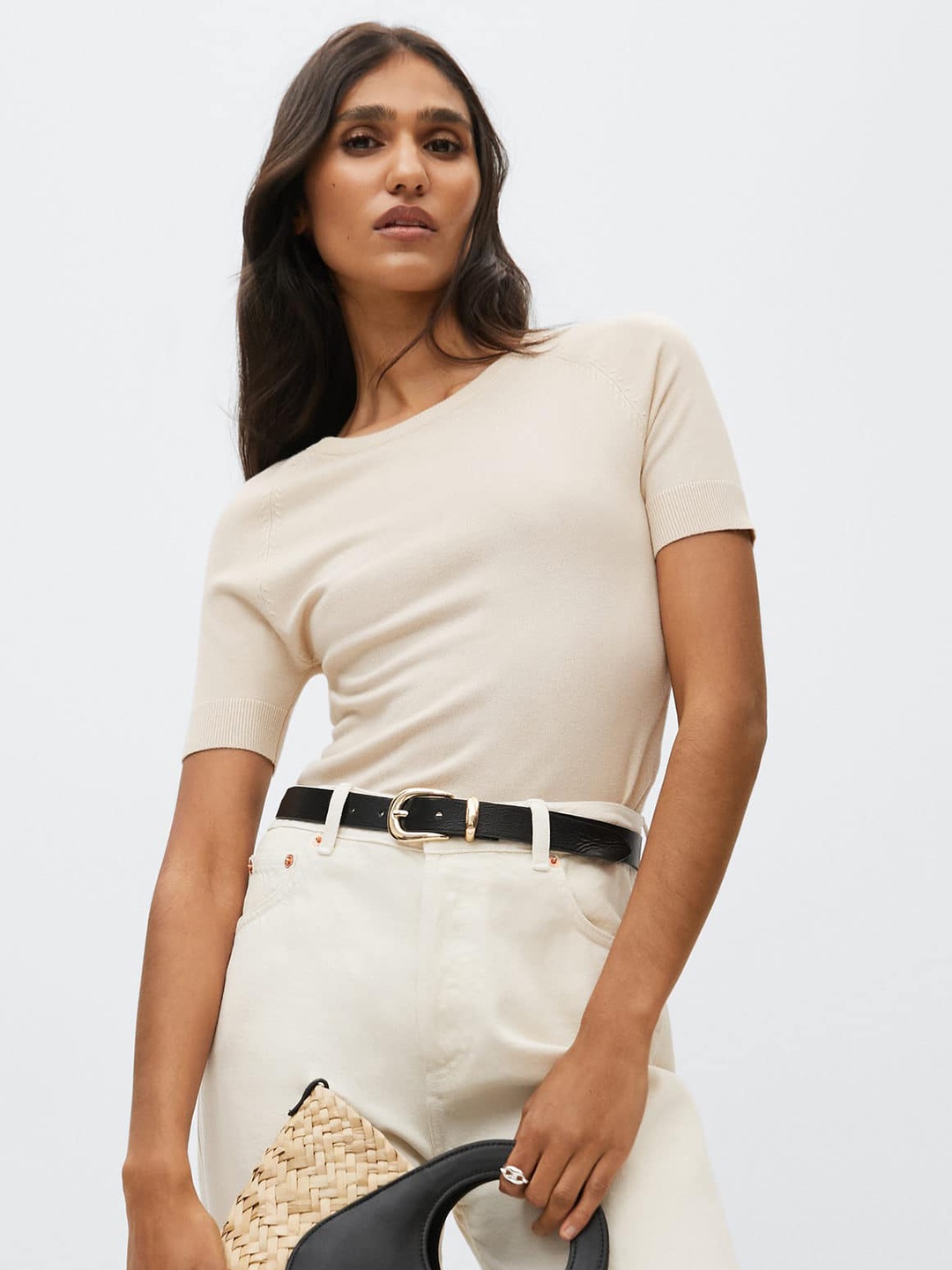 

MANGO Off White Raglan Sleeves Solid Winter Top
