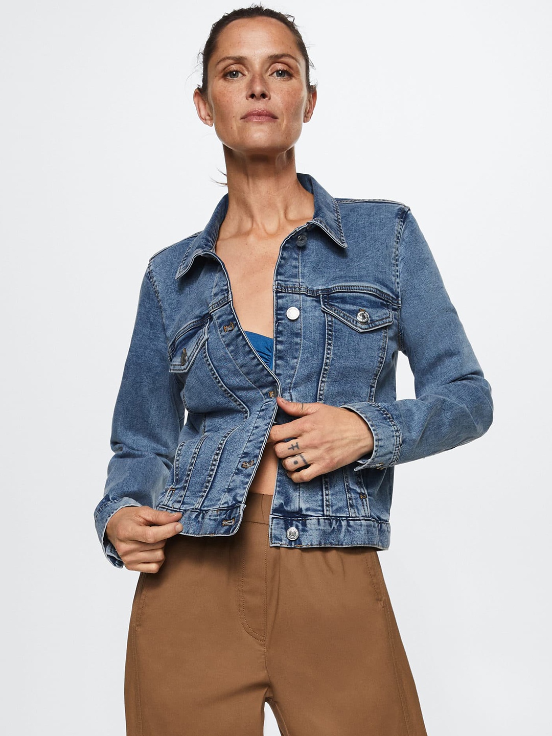 

MANGO Women Blue Denim Jacket with Pocket Detailing