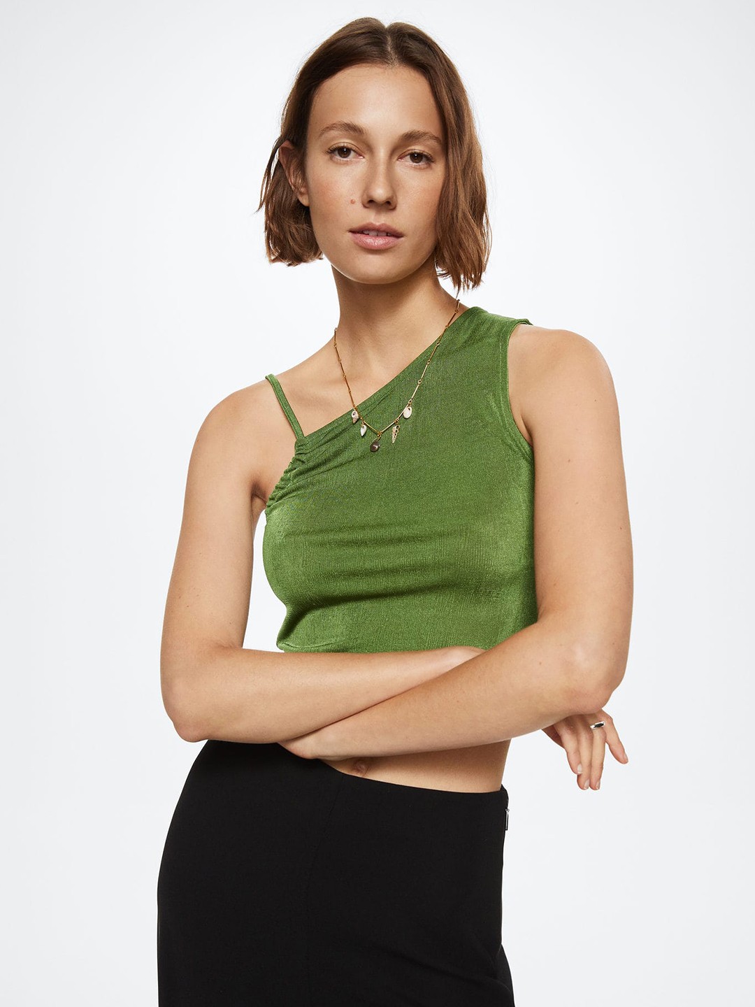 

MANGO Green Solid One Shoulder Crop Top