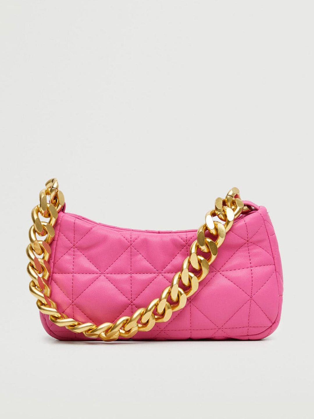 

MANGO Pink Quilted Structured Baguette Shoulder Bag