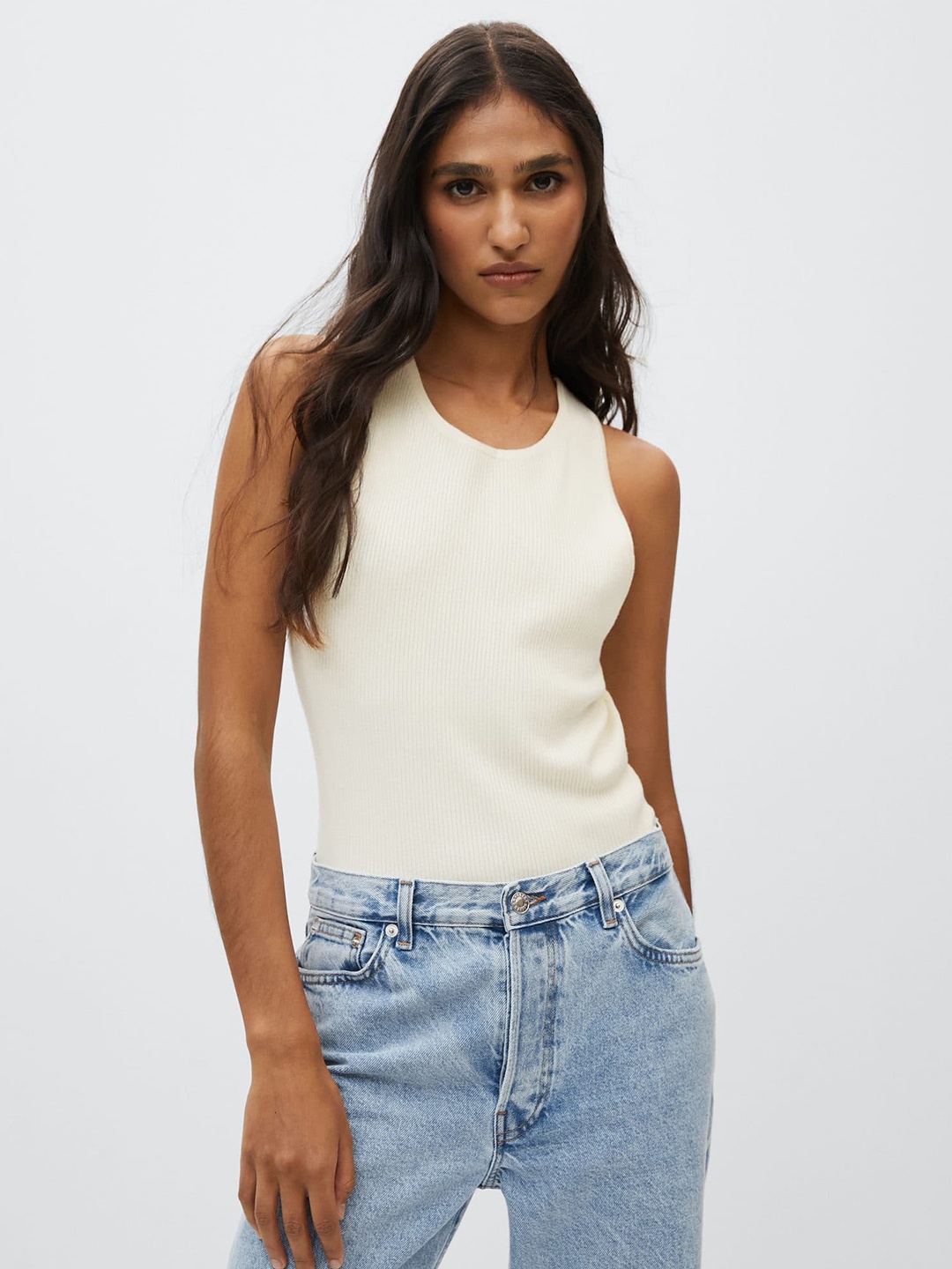

MANGO Off White Self- Striped Tank Top