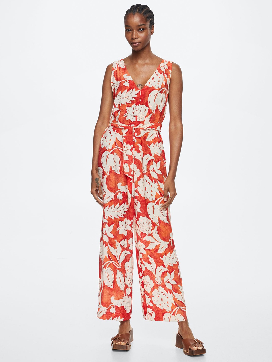 

MANGO Orange & Cream-Coloured Printed Basic Jumpsuit