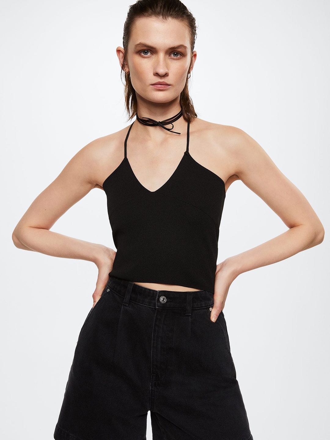 

MANGO Women Black High-Rise Regina Slouchy Fit Pure Cotton Denim Shorts