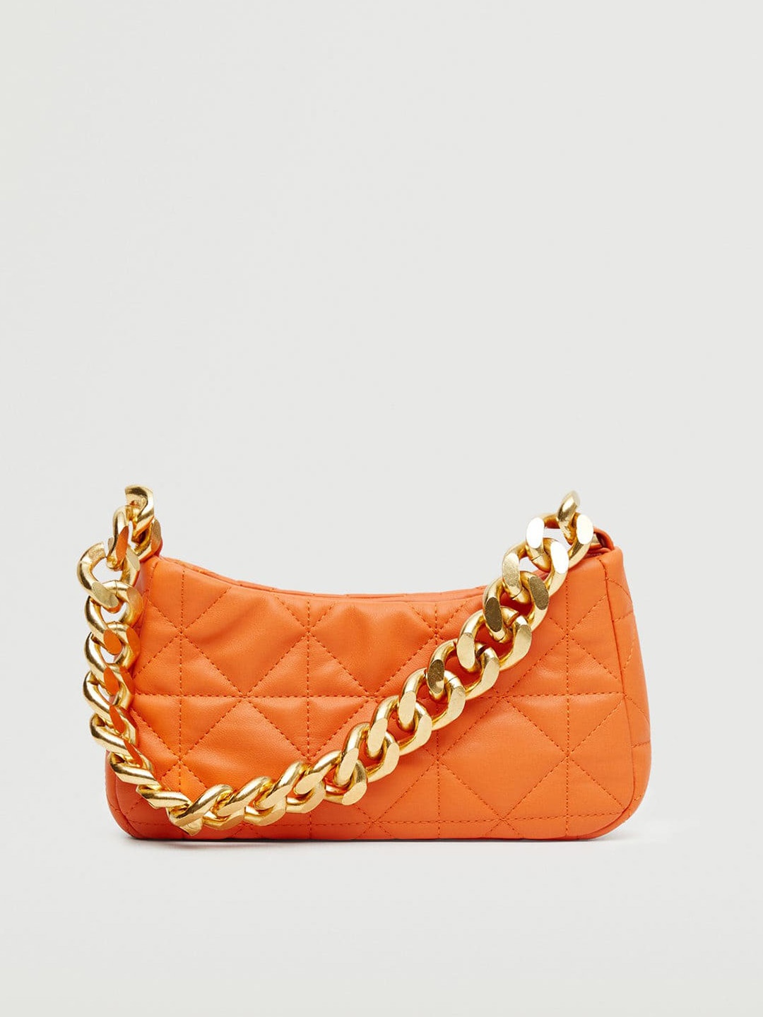 

MANGO Orange Quilted Structured Baguette Shoulder Bag