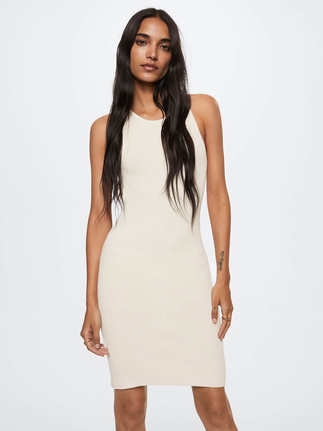 

MANGO Off White Ribbed Cut-Out Back Bodycon Dress