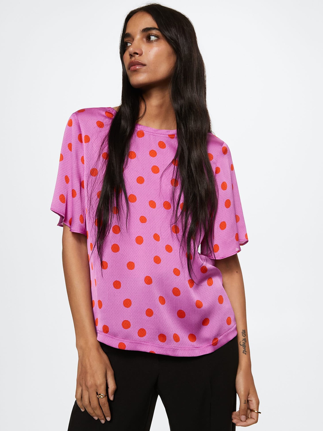 

MANGO Pink & Orange Polka Dots Print Extended Sleeves Top