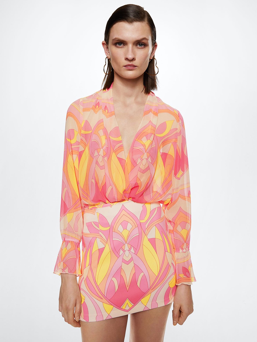 

MANGO Pink & Yellow Abstract Print Top