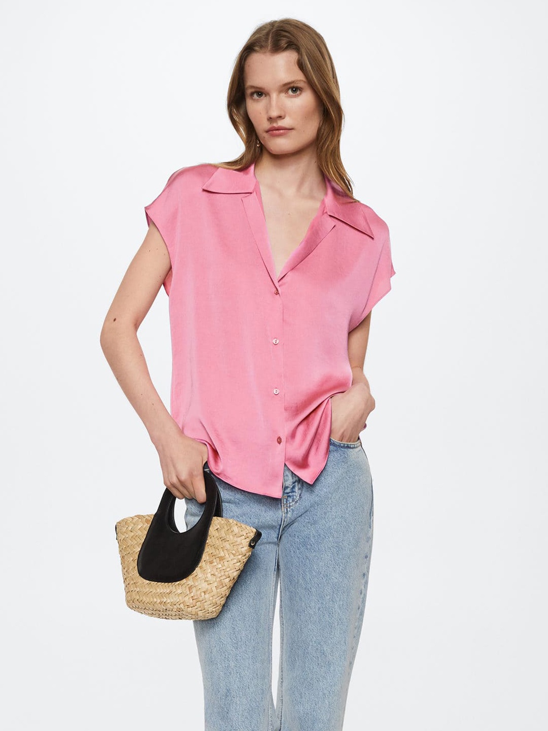 

MANGO Women Pink Casual Lapel Collar Satin Oversized Shirt