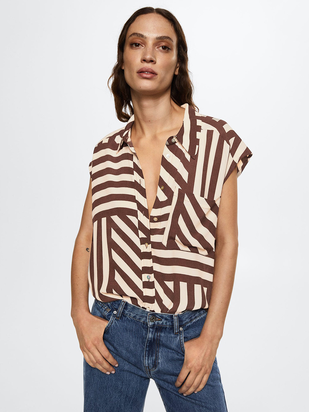 

MANGO Cream-Coloured & Brown Striped Extended Sleeves Shirt Style Top