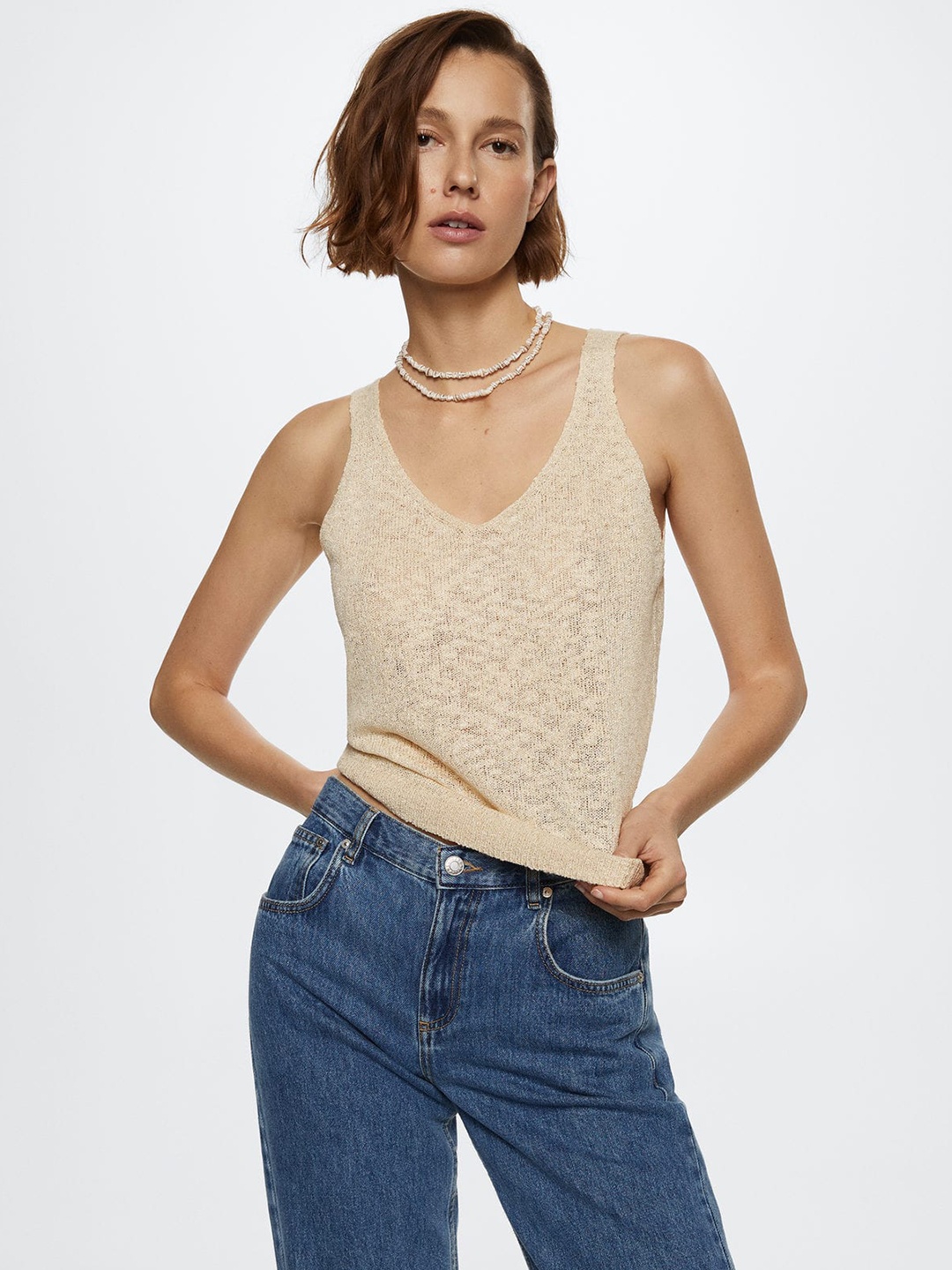 

MANGO Beige Solid Sleeveless Top