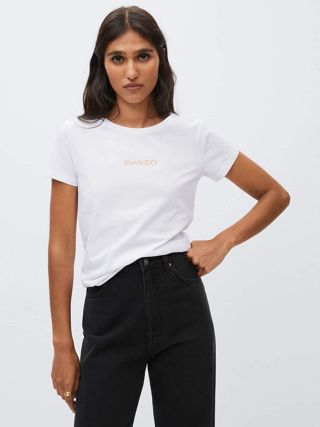 

MANGO Women White Pure Cotton Brand Logo Detail T-shirt