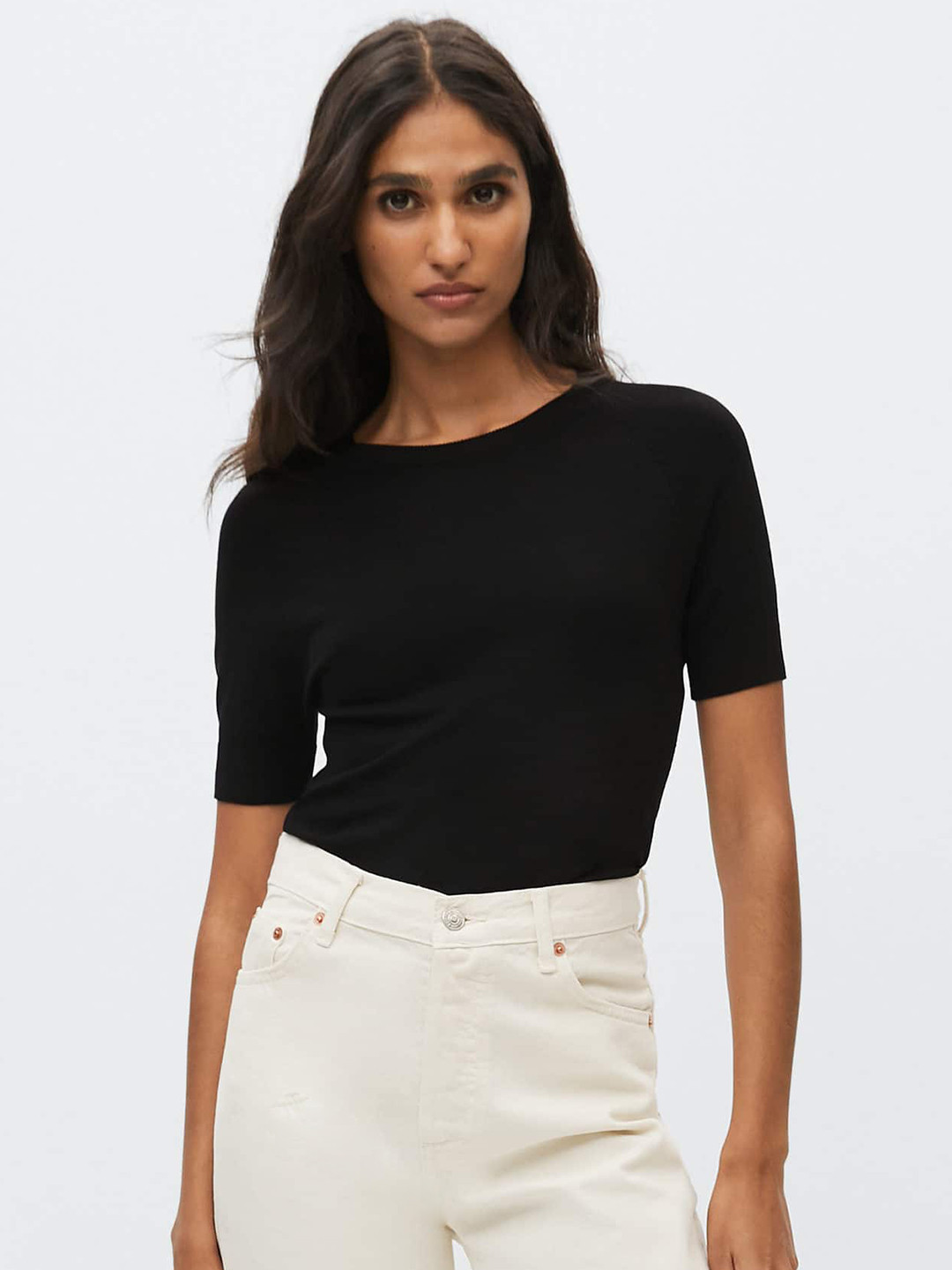 

MANGO Black Raglan Sleeves Solid Winter Top